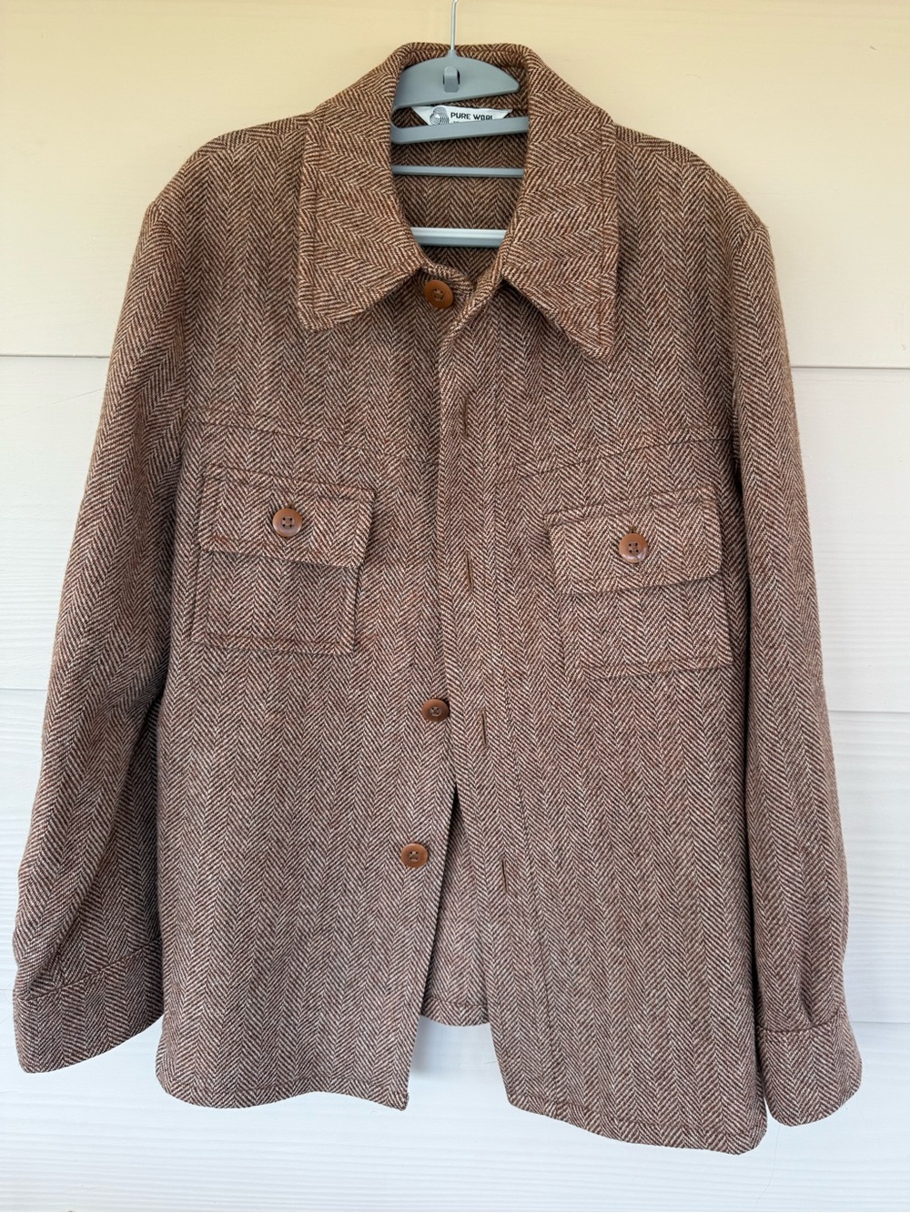 Mens Vintage Wool Button-Front Jacket in Brown
